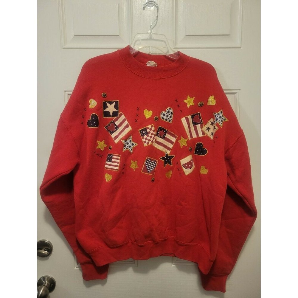 Vtg Womens Sweatshirt Americana Handpainted Red